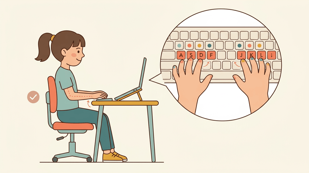A girl types with correct posture and home row finger placement highlighted on her keyboard.