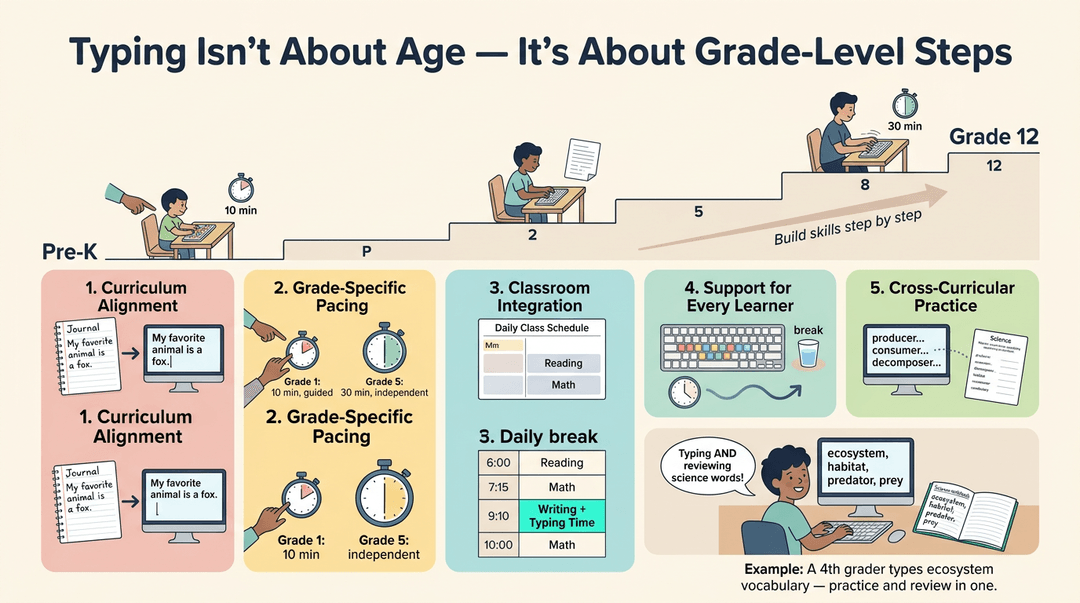 Infographic showing typing skills progress from Pre-K to Grade 12 with examples of curriculum alignment and classroom integration.