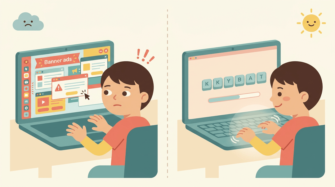 A split illustration shows a student distracted by cluttered ads on the left and focused on clean typing on the right.