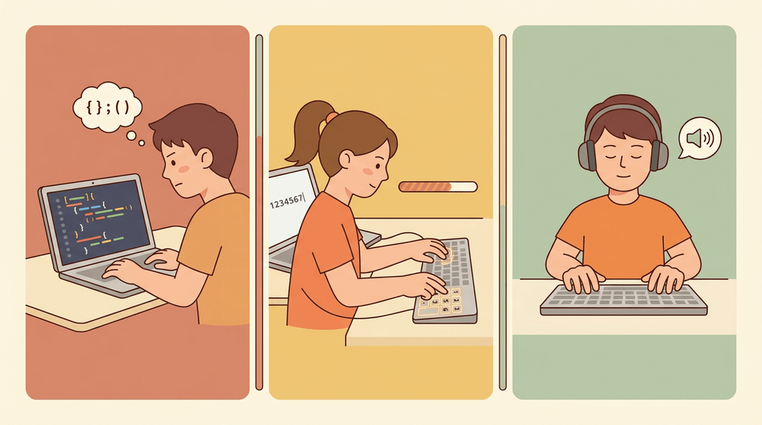 Three students practice specialized typing: coding, numeric entry, and audio transcription in a warm, minimal educational style.