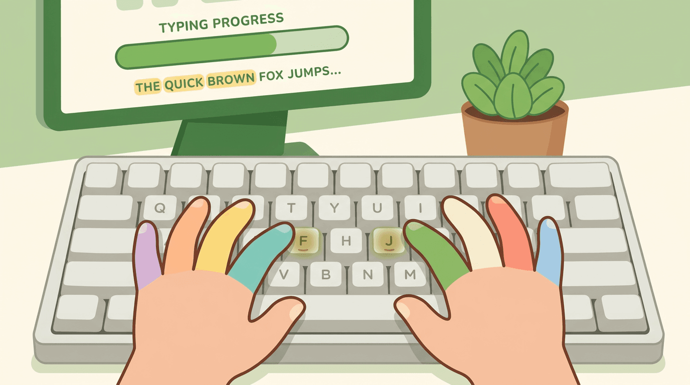 Child's hands on a keyboard with color-coded fingers and raised bumps for proper typing technique.