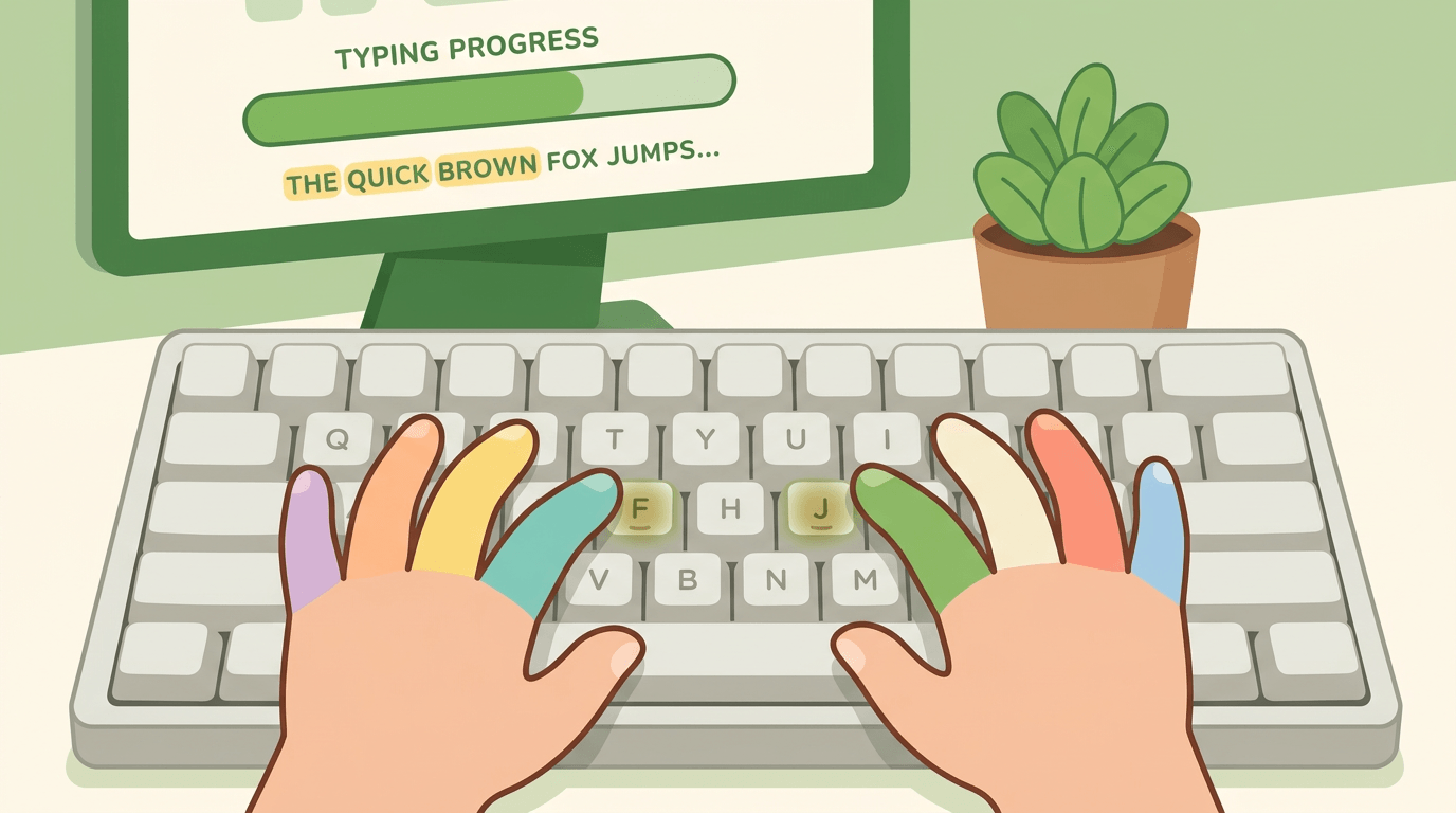 Child's hands on a keyboard with color-coded fingers and raised bumps for proper typing technique.