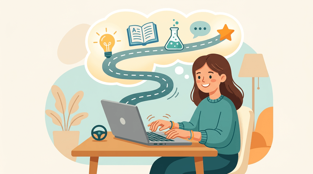 Student typing confidently as ideas flow like traffic on a road into a thought bubble, symbolizing effortless digital fluency.