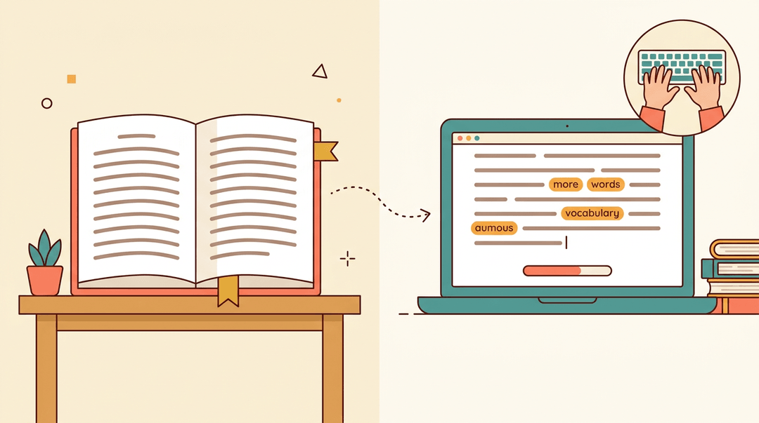 A split-screen shows text transferring from an open book to a typing screen, with a small inset demonstrating proper keyboard hand position.