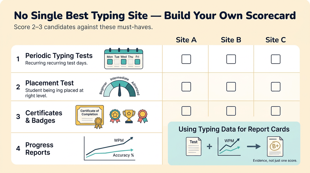 An infographic scorecard compares typing sites using icons for tests, placement, certificates, and progress reports to help teachers choose.