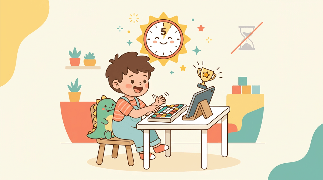 A child joyfully types on a tablet with a sun-shaped clock showing five minutes, symbolizing short, fun learning bursts.