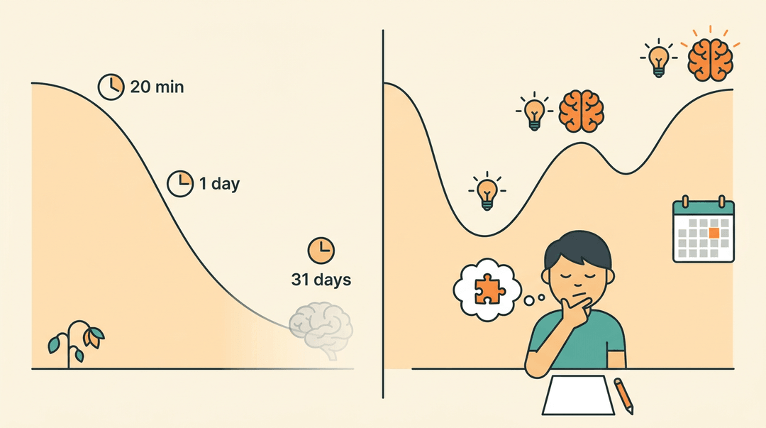 A graph compares forgetting, shown by a downward curve and fading brain, to memory retention via spaced retrieval, depicted by rising curves and active recall.