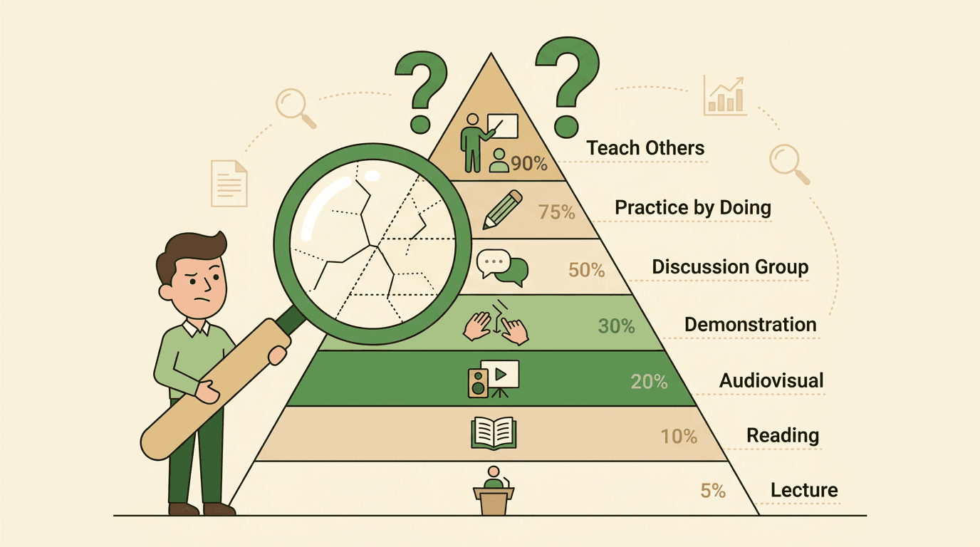 A teacher examines a learning pyramid with a magnifying glass, questioning its effectiveness.