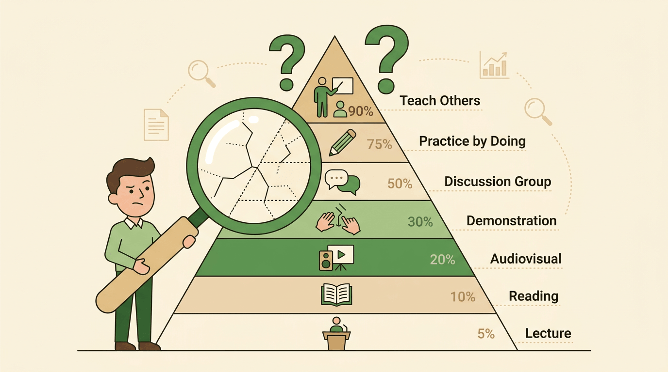A teacher examines a learning pyramid with a magnifying glass, questioning its effectiveness.