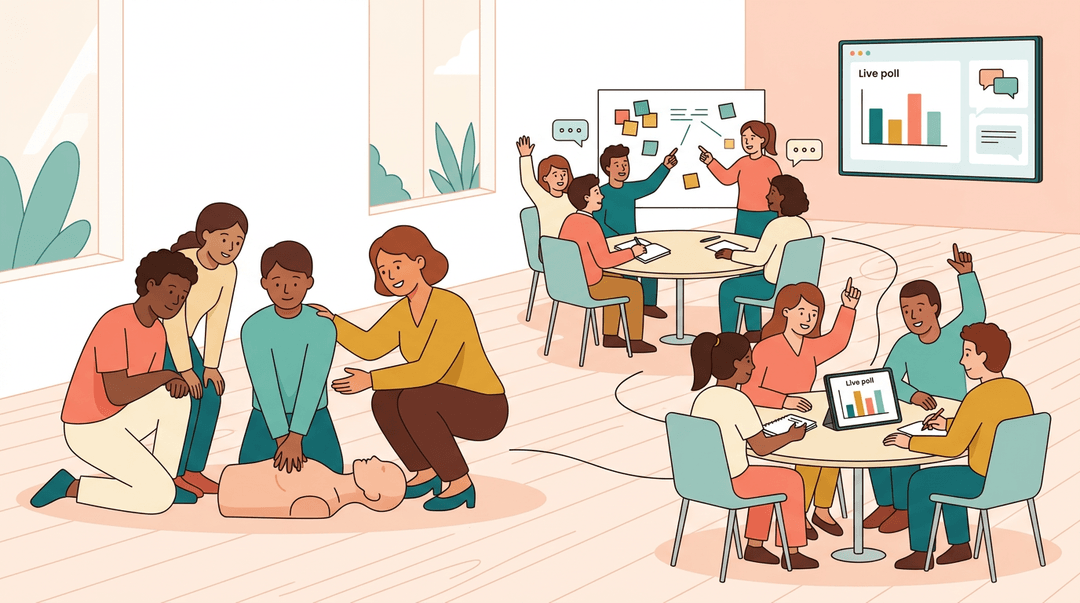 Adult learners practice CPR and collaborate in breakout groups during an interactive training session.