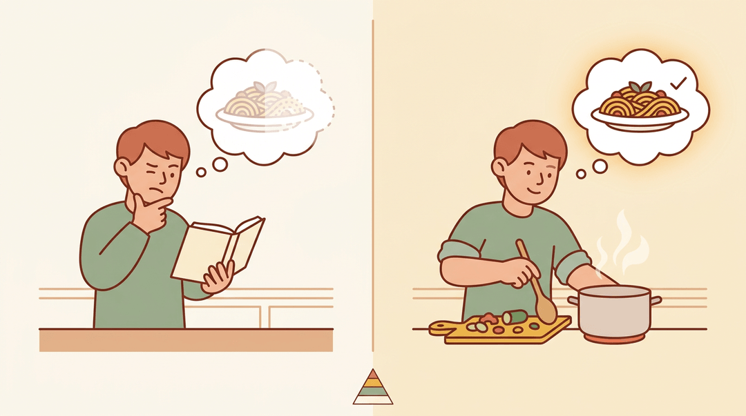 Split illustration showing a person struggling to remember a recipe versus cooking confidently with clear memory.