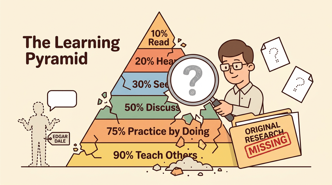 A cracking learning pyramid chart with a magnifying glass revealing emptiness, alongside an empty folder and shrugging silhouette.