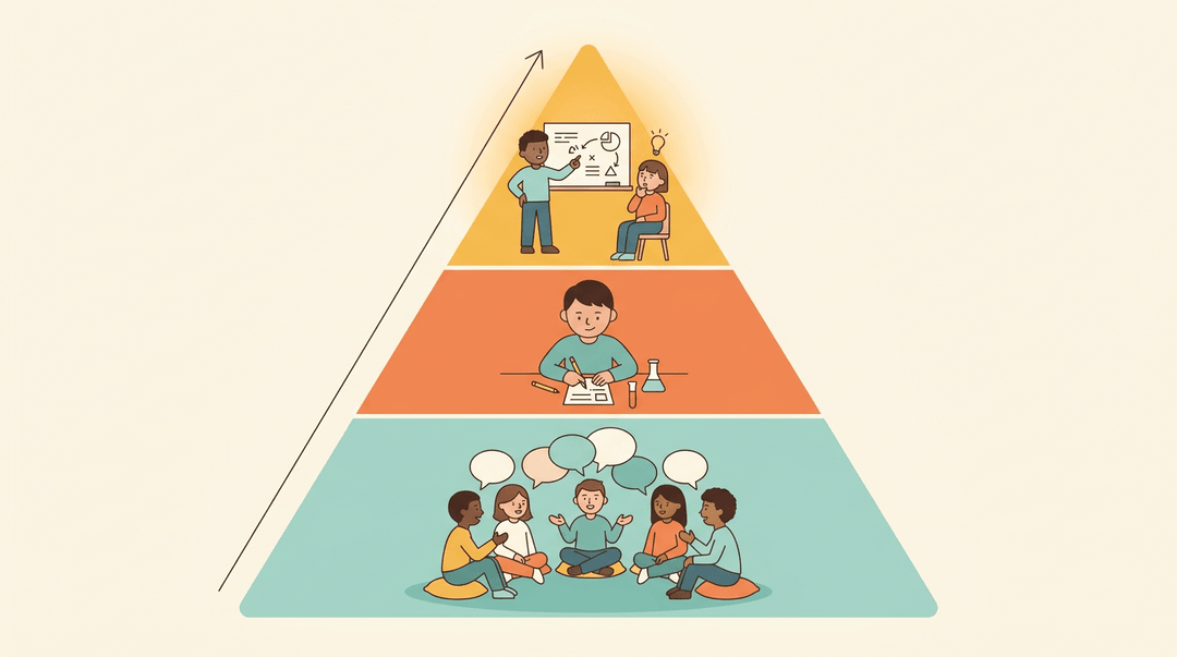 A triangular diagram showing three tiers of student engagement: group discussion, individual work, and peer teaching.