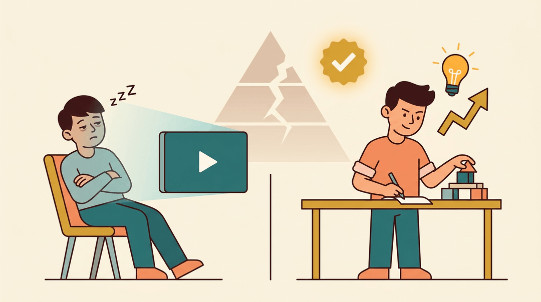 Passive screen watching versus active hands-on learning, showing engagement over passivity.