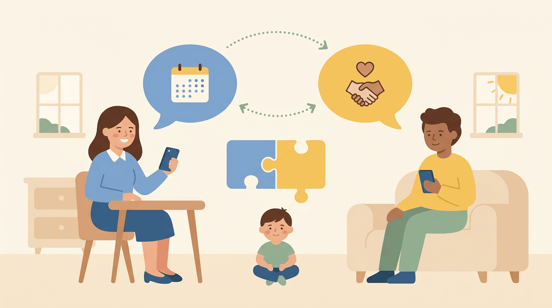 Teacher and parent communicate via phones, connecting puzzle pieces above a calm child to show collaborative partnership.