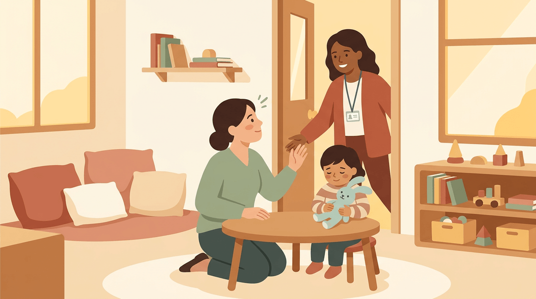 A teacher hands off a student to a counselor in a warm classroom, symbolizing supportive teamwork.