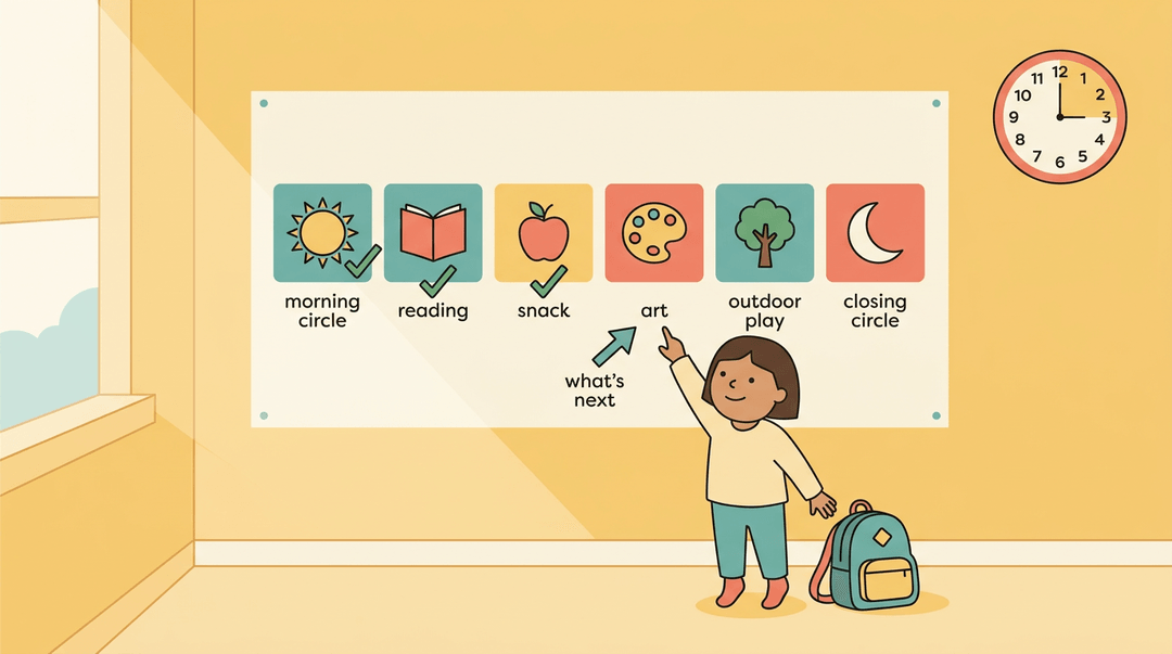 A child reaches for a visual schedule arrow, showing daily routine steps with icons like sun and book.