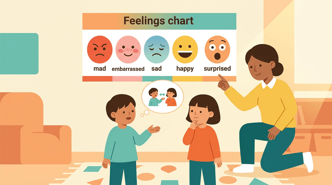 Children role-play empathy near a feelings chart while a teacher guides them to understand each other's perspectives.