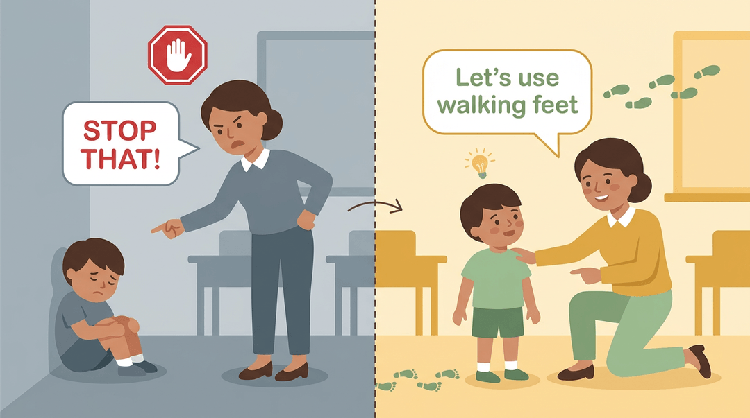 Split-panel classroom scene contrasting stern punishment with gentle, eye-level guidance and positive reinforcement.