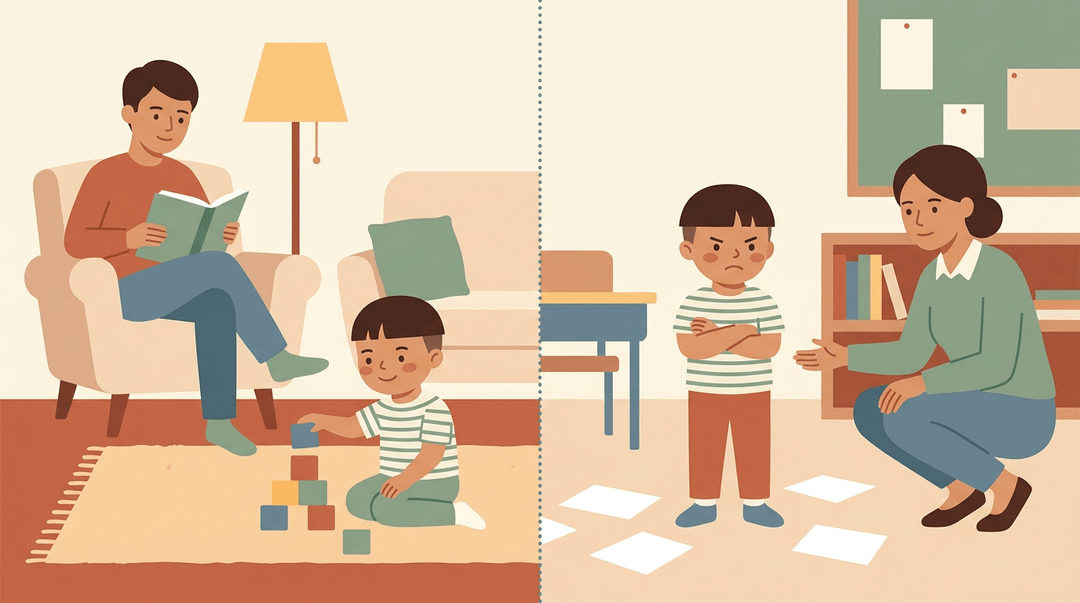 A child stacks blocks calmly at home but stands frustrated with crossed arms in a classroom, showing context-dependent behavior.