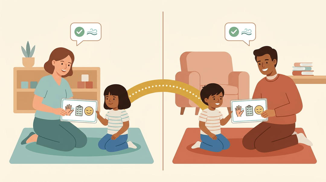A flat illustration shows a teacher and parent using identical calming cards with the same student, symbolizing consistent support at school and home.