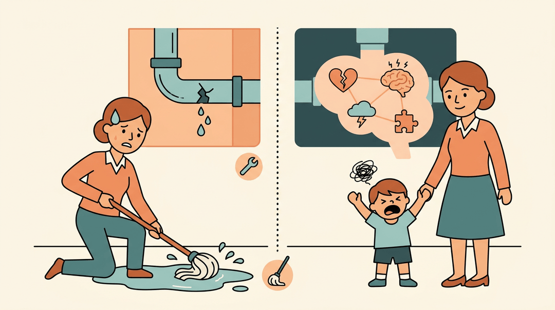 A teacher mops a leak caused by a broken pipe, mirroring how addressing hidden needs fixes surface-level behavioral outbursts.