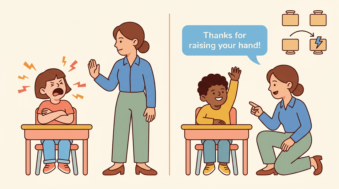 Teacher ignores a shouting student while praising another, with an icon showing moving a child away from a trigger.