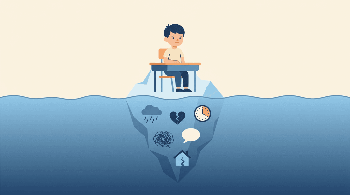 An iceberg metaphor showing a calm student above water and hidden struggles like stress and trauma below.