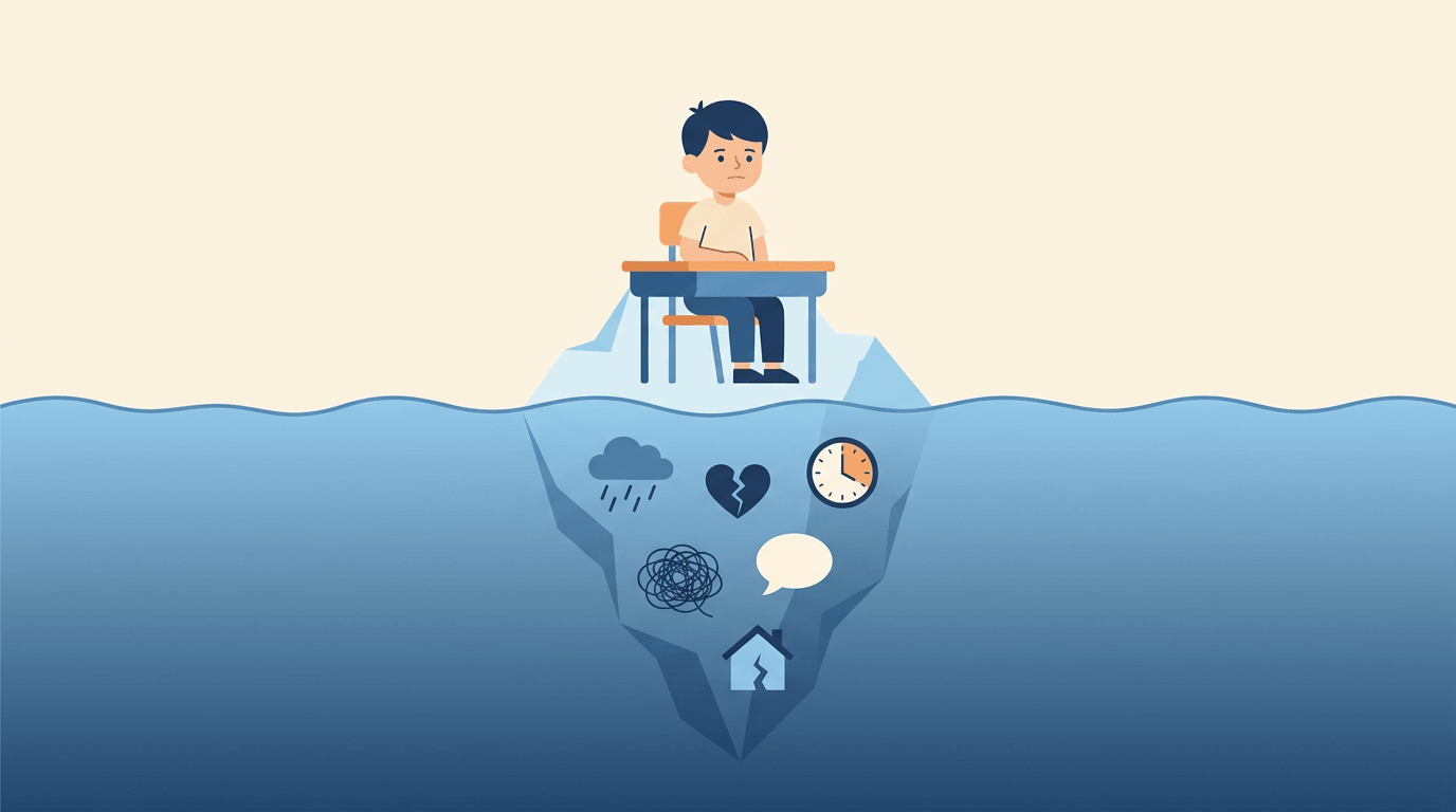 An iceberg metaphor showing a calm student above water and hidden struggles like stress and trauma below.