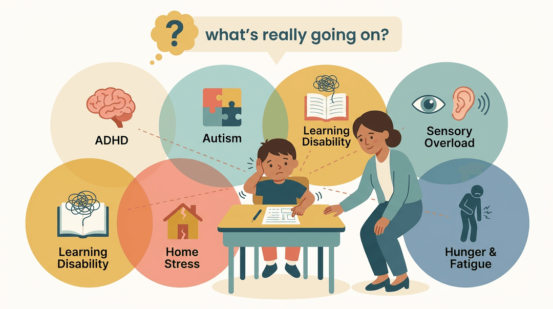A teacher kneels beside a fidgeting student surrounded by overlapping circles illustrating causes like ADHD, stress, and hunger.