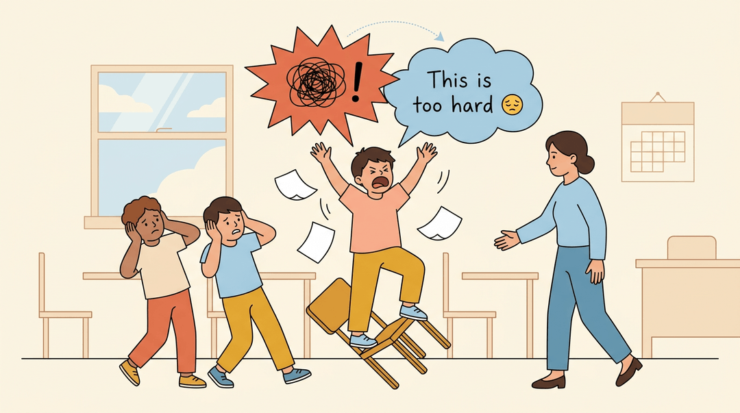 A frustrated student shouts while a teacher intervenes, revealing their true feeling that the work is too hard through layered speech bubbles.