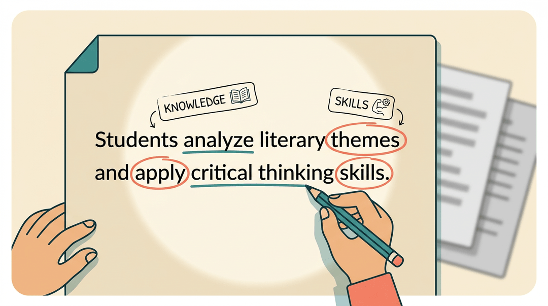 A highlighted sentence shows underlined nouns as knowledge and circled verbs as skills, illustrating one priority standard.