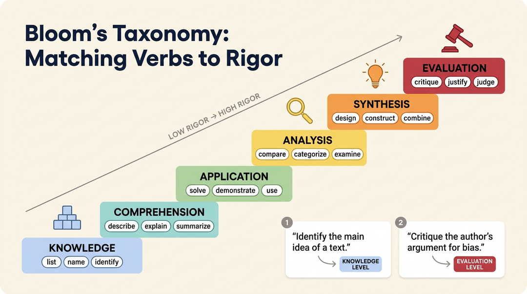 A staircase chart shows Bloom's Taxonomy levels from Knowledge to Evaluation, pairing each level with example verbs and sample task cards.