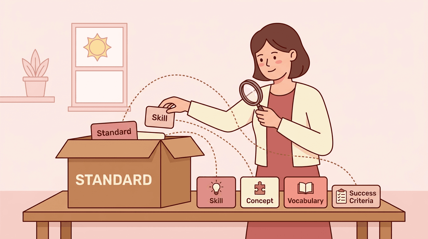 A teacher breaks down a large box into smaller labeled parts like skills and concepts, illustrating how to simplify complex topics for students.