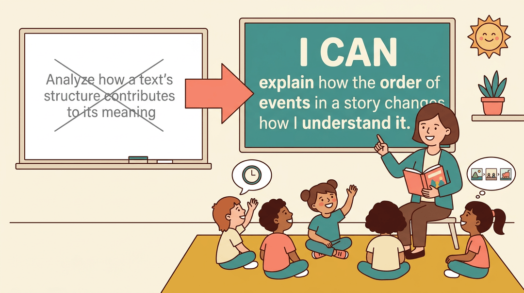 Teacher points to an I CAN statement about story order while diverse students listen attentively in a bright classroom.