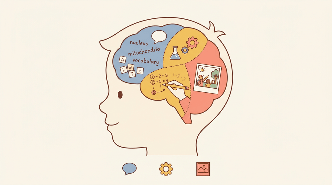 A child's head silhouette shows three brain sections representing semantic, procedural, and episodic memory with corresponding icons.