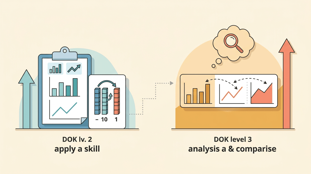 A diagram comparing simple math application on the left with deeper analysis on the right, connected by a staircase showing progression.