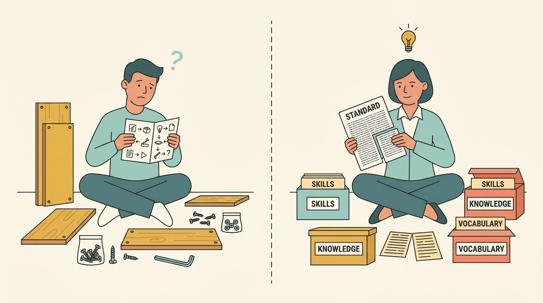 A split illustration compares decoding flat-pack furniture to unpacking educational standards, showing confusion versus clarity.
