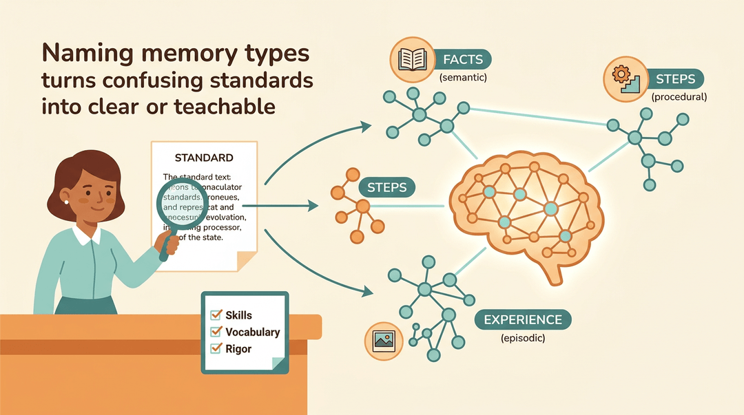 Teacher transforms dense text into three memory types linked to a brain, showing how facts, steps, and experience create clear structure.