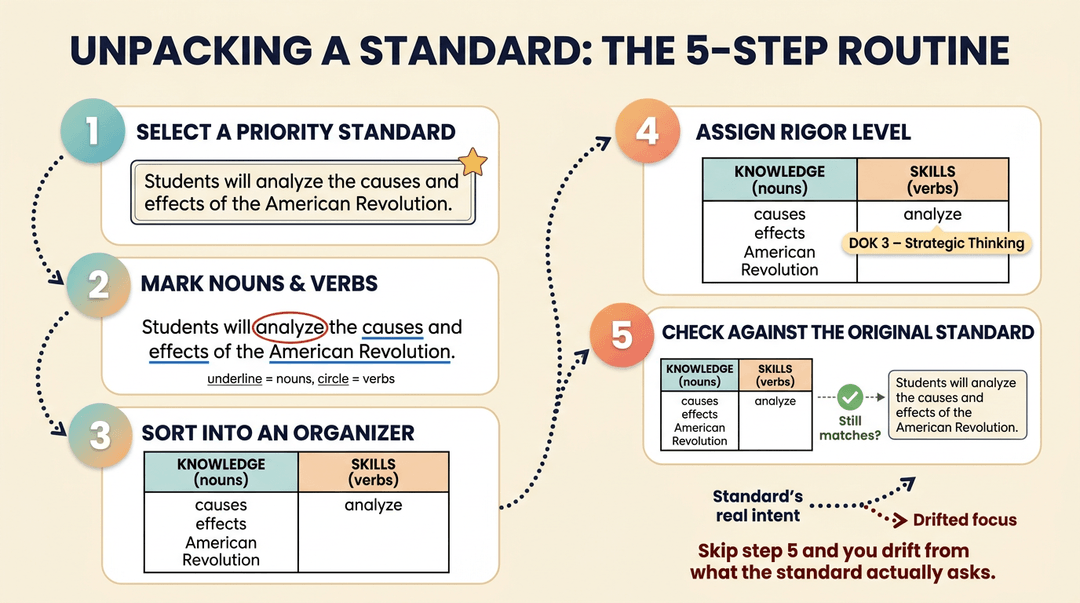 A flowchart showing five steps to unpack an educational standard using the example of analyzing the American Revolution.