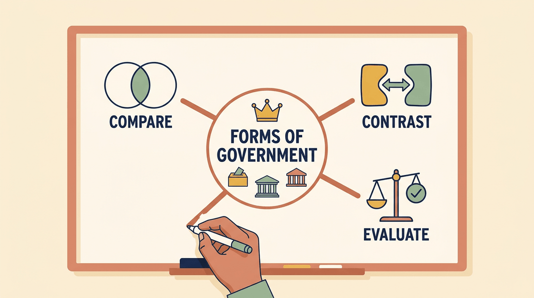 Whiteboard concept map showing forms of government with nodes to compare, contrast, and evaluate.