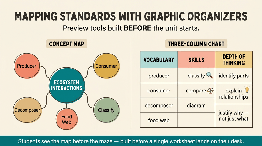 Infographic comparing concept maps and three-column charts for mapping educational standards before unit planning.