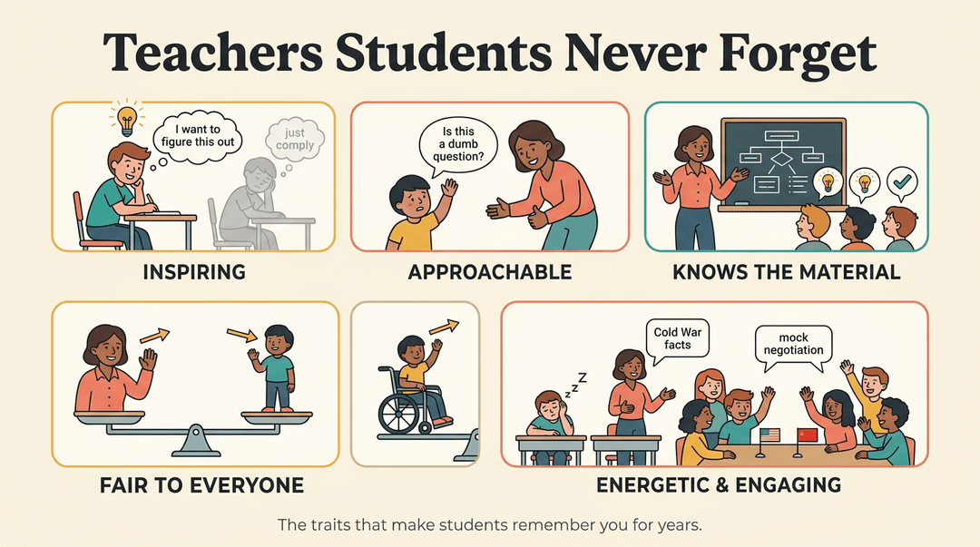 Infographic showing five traits teachers should embody: inspiring, approachable, knowledgeable, fair, and energetic.