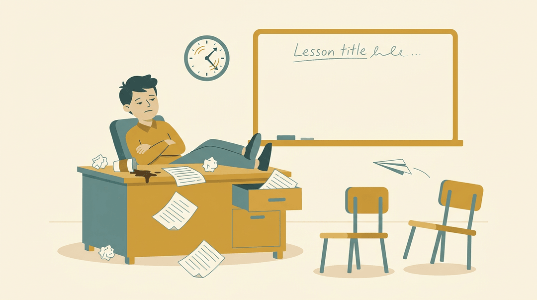 A disheveled teacher slumps in a messy classroom, feet on the desk, surrounded by clutter and empty chairs.