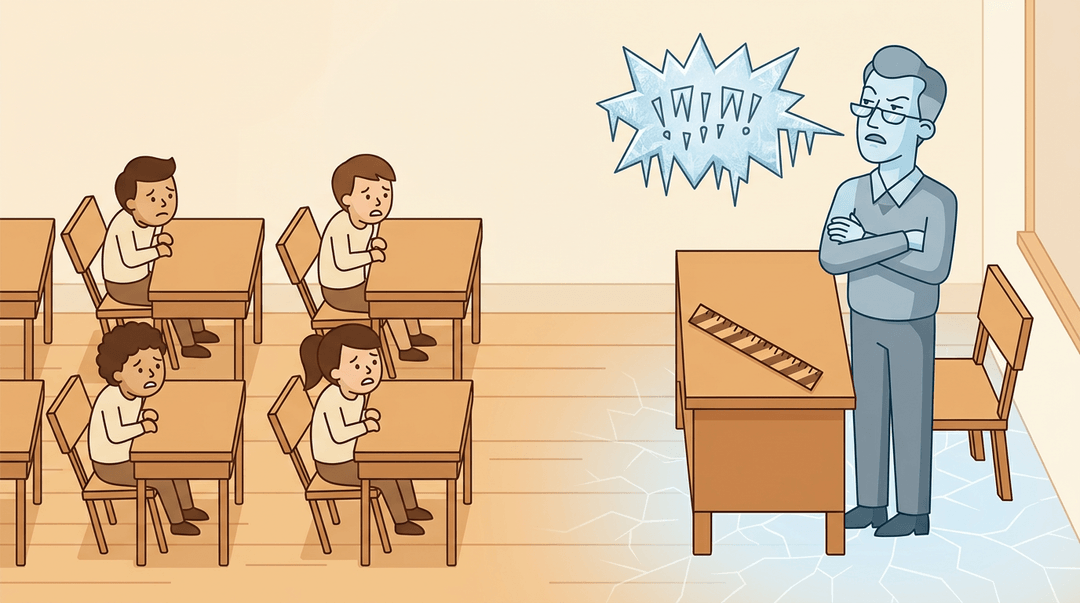 A stern teacher in cold colors stands rigidly behind a desk, creating emotional distance from hunched students in a warm classroom.