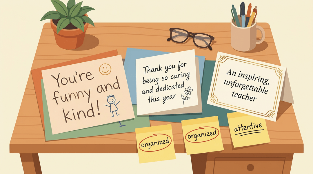 A desk covered in heartfelt thank-you notes and constructive feedback cards, alongside a plant and pens.