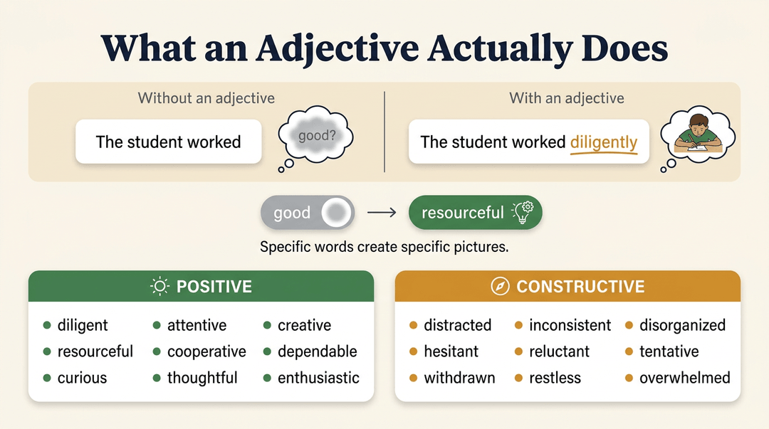 Infographic showing how adjectives clarify meaning, contrasting vague 'good' with specific 'diligently', and listing positive and constructive descriptive words.