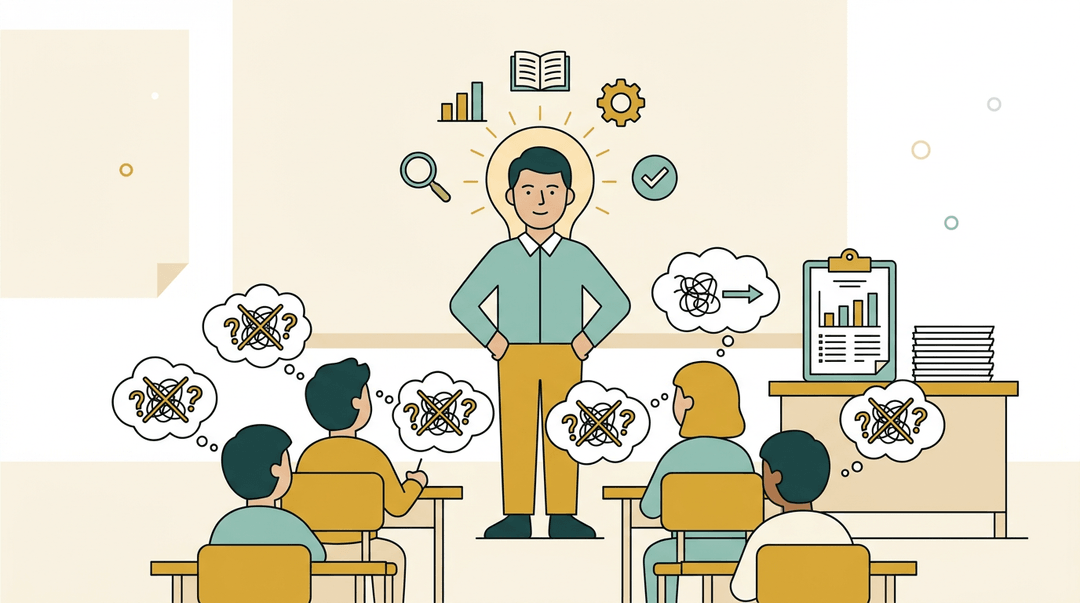 A teacher corrects student misconceptions with clarity, surrounded by icons of analysis and organized data.
