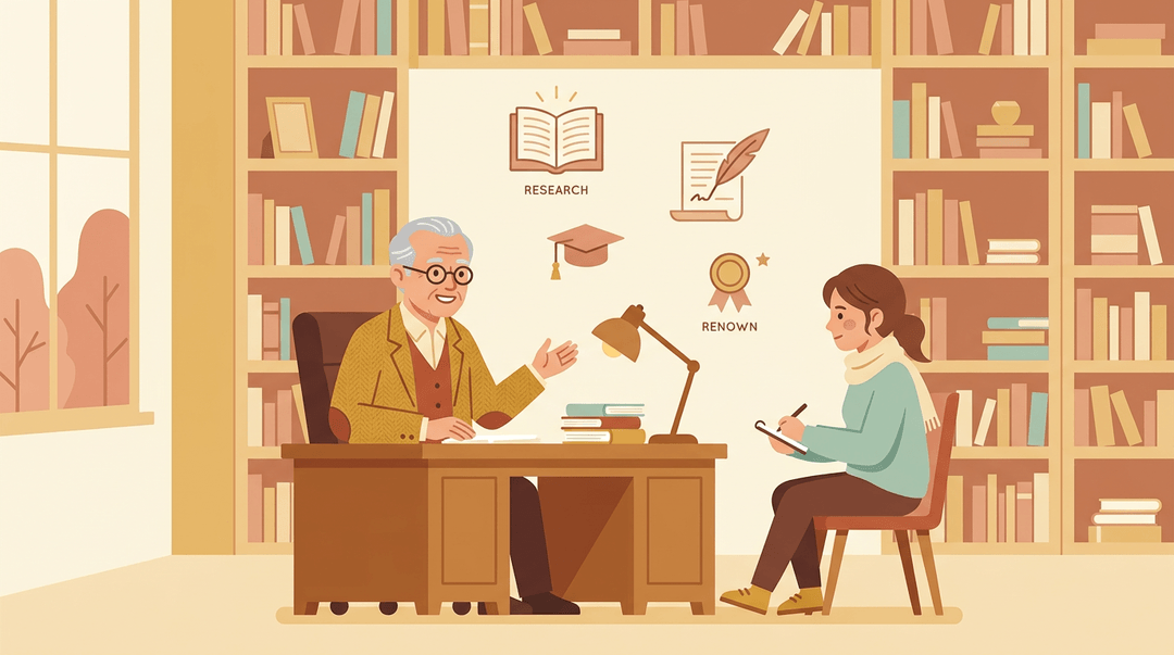 Professor mentors student in cozy office with bookshelves and floating academic icons like a cap and quill.