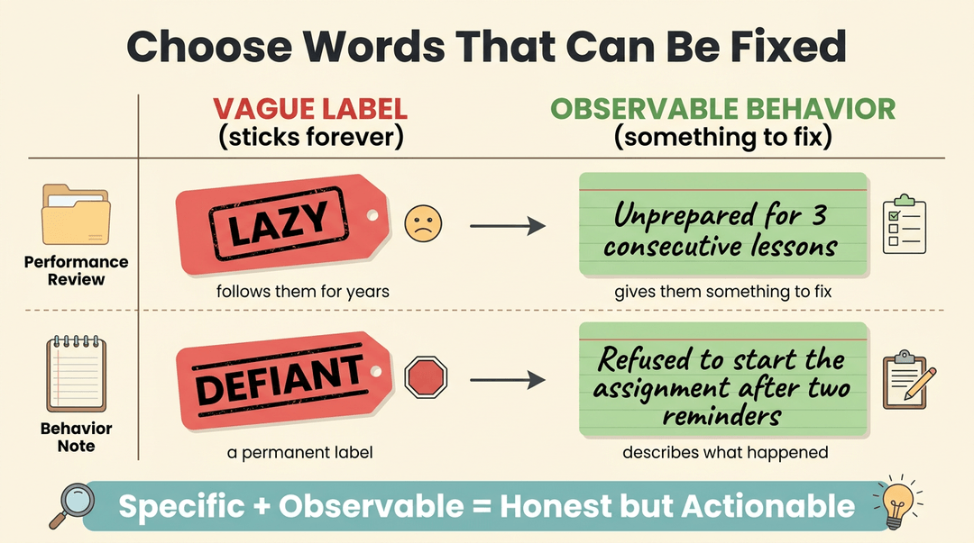 Chart contrasting vague labels like lazy with observable behaviors to help teachers give actionable feedback.
